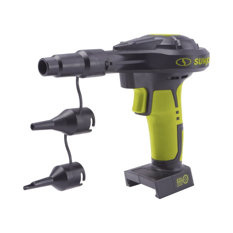 Sun Joe 24-Volt Cordless High-Volume Inflator with nozzle attachments.