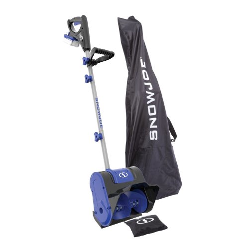 Snow Joe 24-volt cordless 10-inch snow shovel kit with a 4.0-Ah lithium-ion battery attached, a snow shovel cover, and cover storage bag.