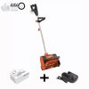 Snow Joe 24-volt cordless 12-inch snow shovel kit in orange plus a 5.0-Ah lithium-ion battery and quick charger.