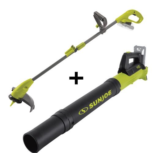 Sun Joe 24-volt cordless 10-inch stringless grass trimmer kit with a cordless turbine leaf blower.