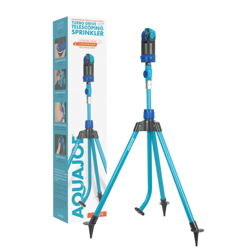 Aqua Joe 45-inch Indestructible Turbo Drive 360 Degree Telescoping Tripod Lawn and Garden Sprinkler and Mister with packaging.