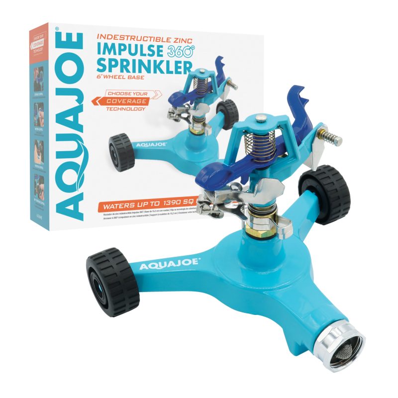 Aqua Joe 6-inch wheeled base Indestructible Zinc Impulse 360 Degree Sprinkler with packaging.