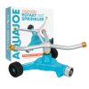 Aqua Joe Indestructible 3-Arm Zinc Rotary 360 Degree Sprinkler with packaging.