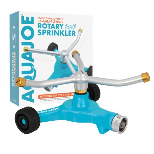 Aqua Joe Indestructible 3-Arm Zinc Rotary 360 Degree Sprinkler with packaging.