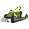 Sun Joe 28-volt 5-amp 14-inch Brushless Cordless Lawn Mower with a cordless turbine leaf blower, 2.0-Ah lithium-ion battery, and charger.