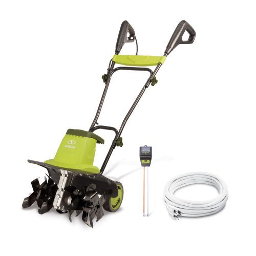 Sun Joe 13.5-amp 16-inch Electric Garden Tiller and Cultivator with a 3-in-1 soil meter and 20-foot outdoor extension cord.