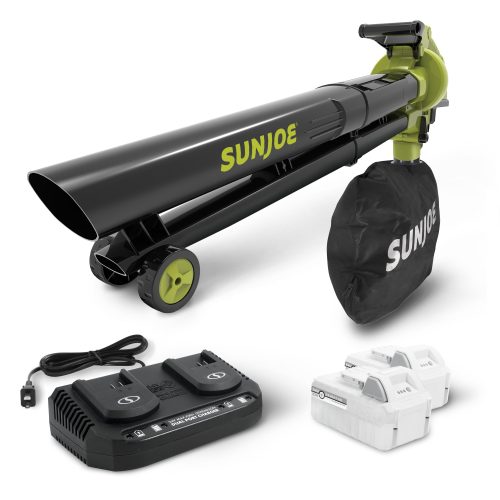 Sun Joe 48-volt cordless leaf blower/vacuum/mulcher with 2 5.0-Ah batteries and charger.