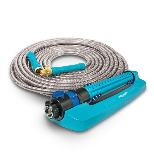 Aqua Joe Indestructible Metal Base Sprinkler with Heavy Duty Metal Garden Hose Bundle