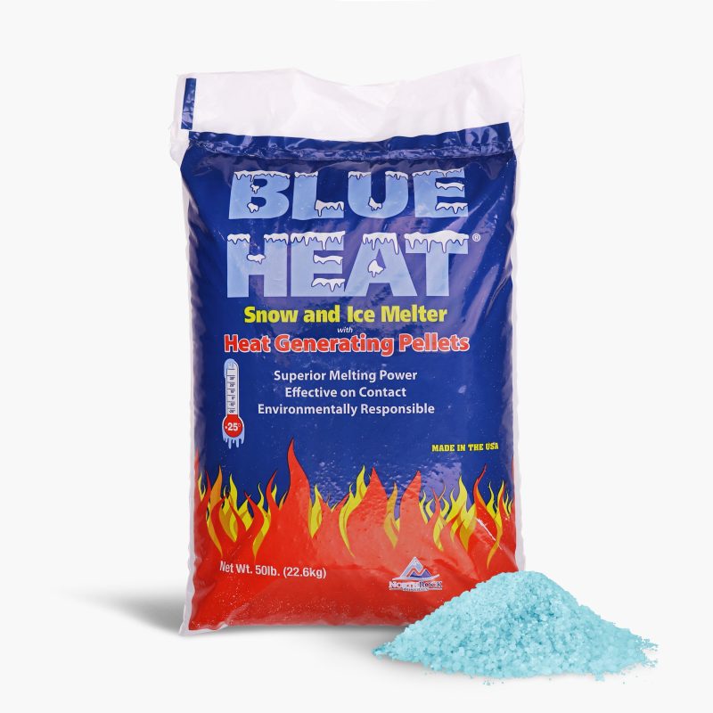 Blue Heat 50 pound bag of Calcium Blend Ice and Snow Melt with a pile of the melt in front of the bag.