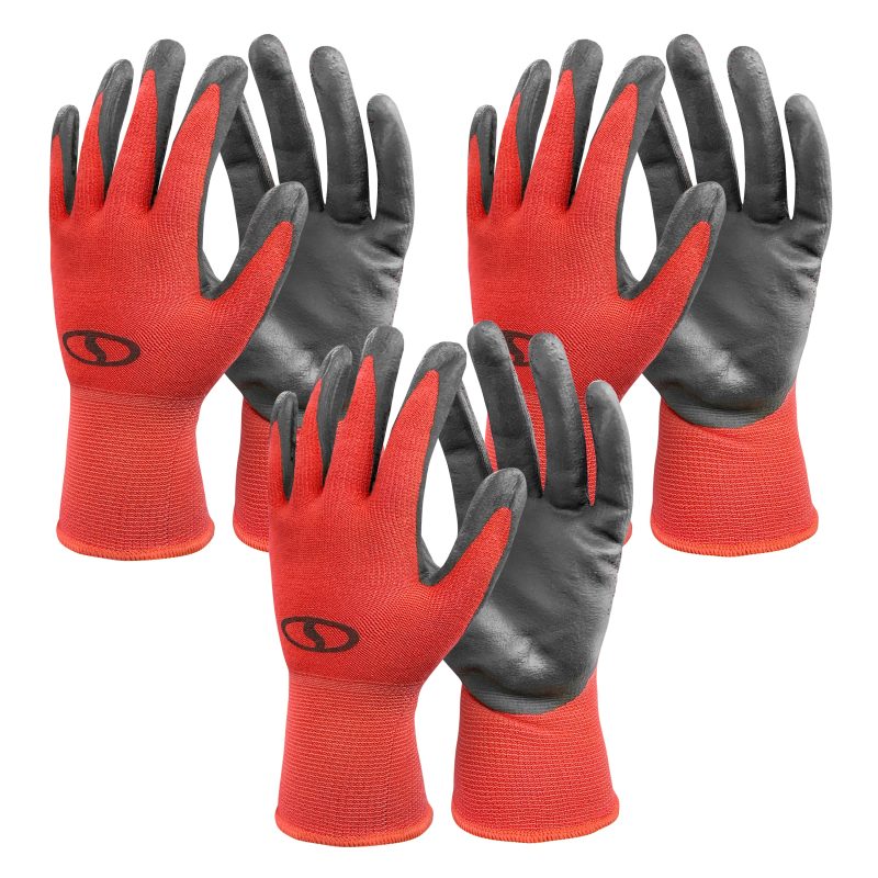 Sun Joe 3-pack of Nitrile-Palm Reusable Red Gloves for Gardening, DIY Work, Cleaning, and More.