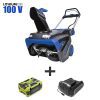 Snow Joe 100-volt 21-inch Cordless Brushless Variable Speed Single Stage Snow Blower Kit plus a 5.0-Ah battery and charger.