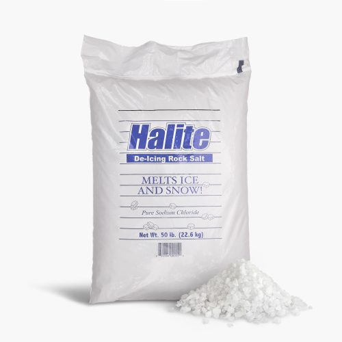 Halite 50 pound rock salt snow and ice melter with a pile of the salt in front of the bag.