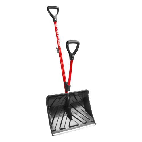 Snow Joe 18-inch Red Shovelution Strain-Reducing Snow Shovel with spring assisted handle.