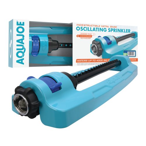 Aqua Joe 18-nozzle Indestructible Metal Base Oscillating Sprinkler with packaging.