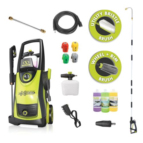 Sun Joe 13-amp 2200 PSI Extreme Clean Electric Pressure Washer with spray wand, hose, foam cannon, detergents, turbo nozzle, quick connect tips, utility brush, and rim brush.